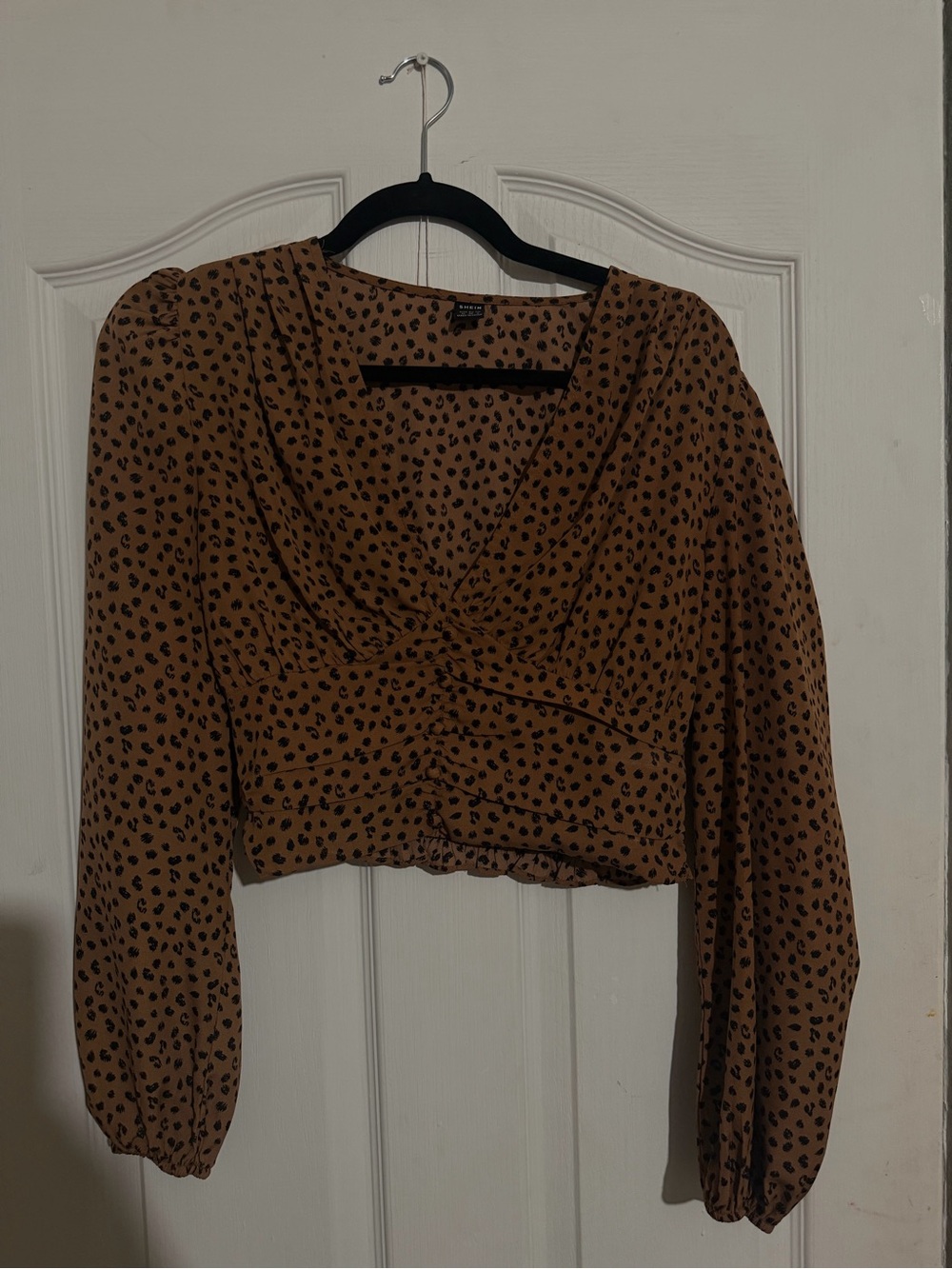 SHEIN Brown and Black Leopard Print Long Sleeve Crop Blouse